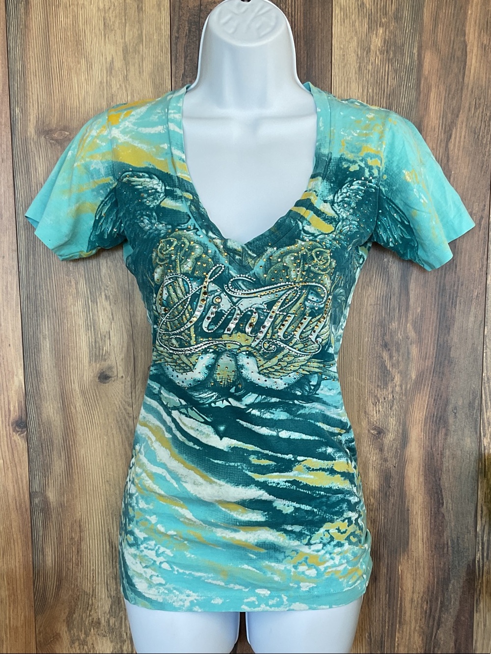 Sinful Teal Turquoise V-Neck Bling Graphic Fitted Tee S          503B